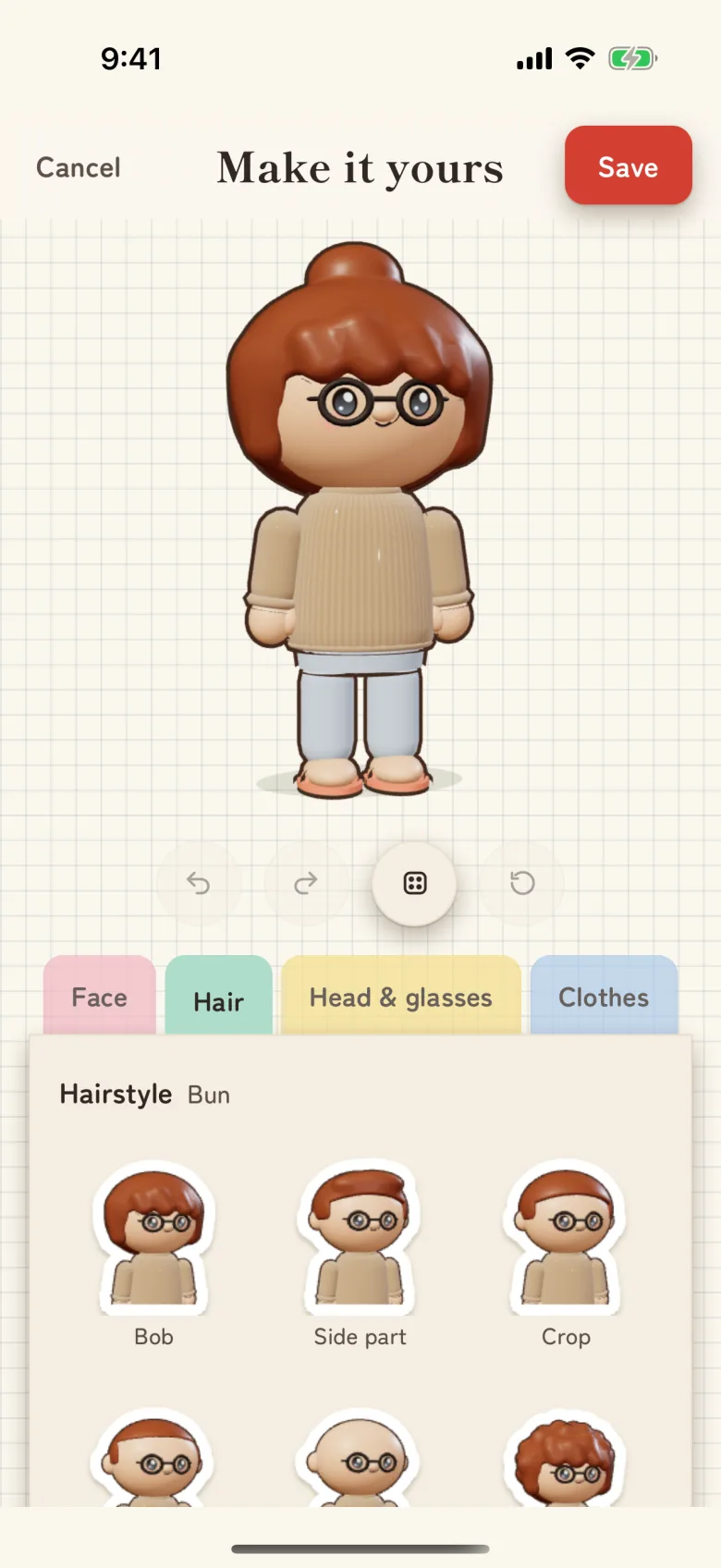 The sticker-sheet editor showing hairstyle choices for a 3D character