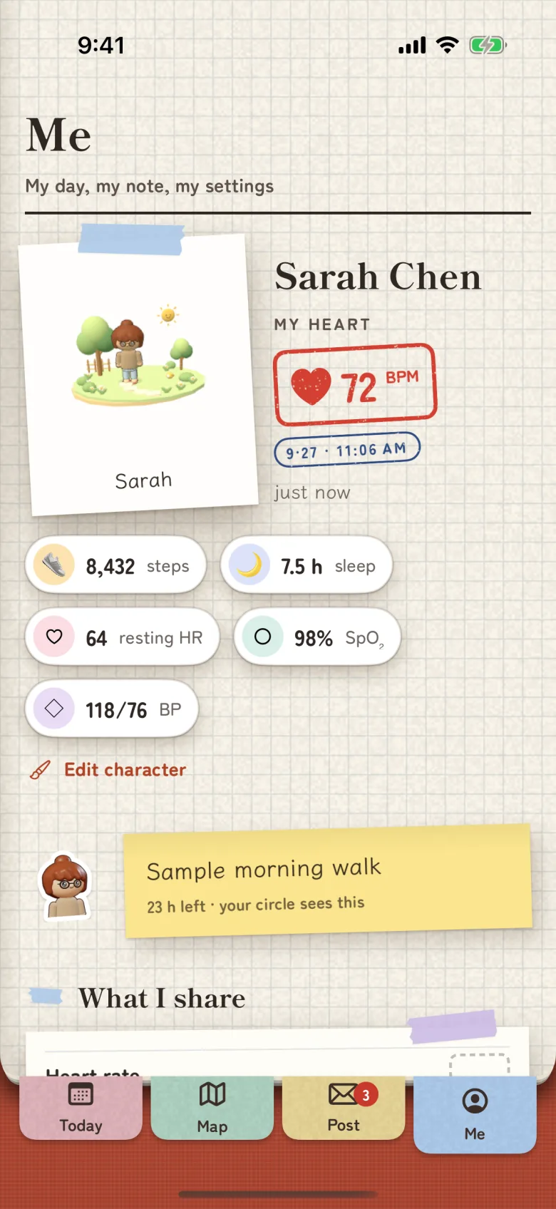 The Me page, showing today’s heart rate, steps, sleep and vitals stickers