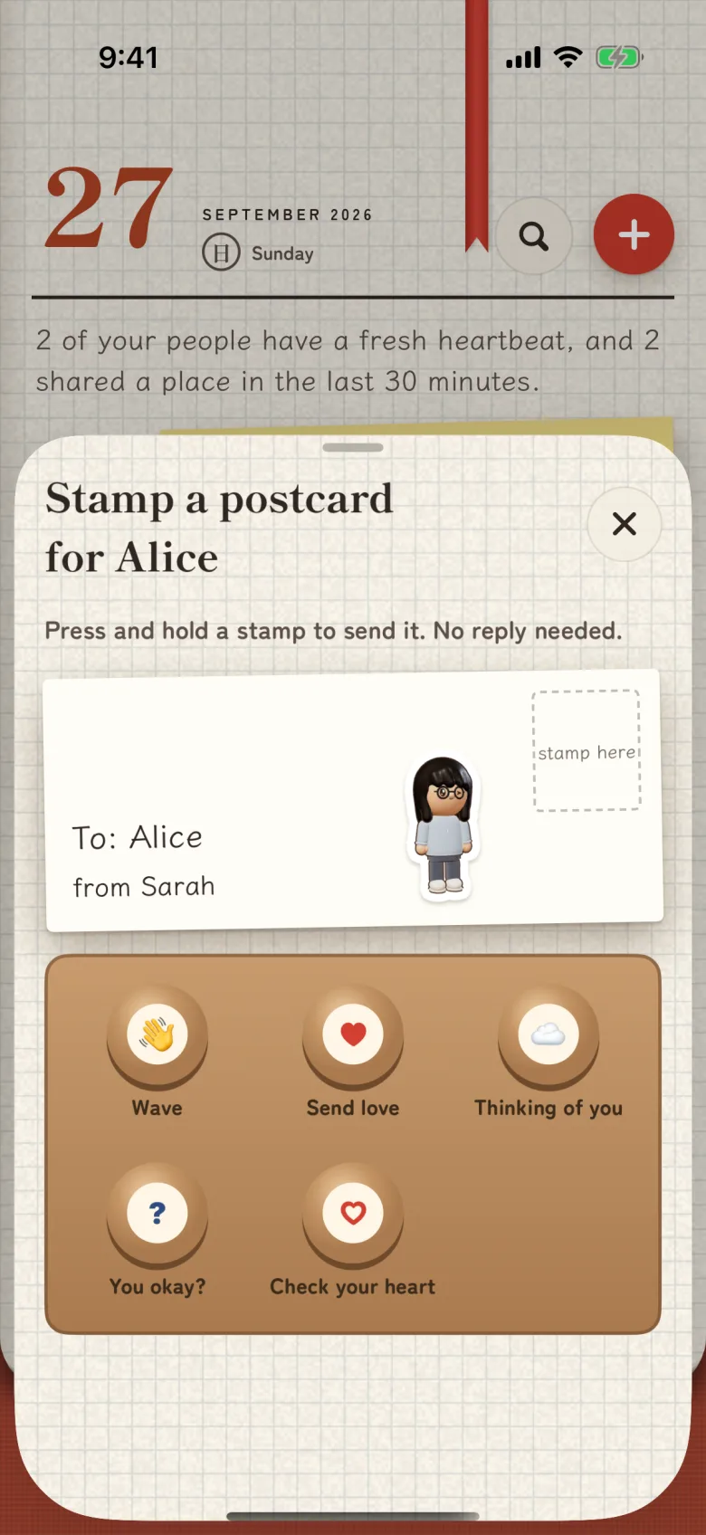 A stamp sheet for sending a nudge, with Wave, Send love and other stamps
